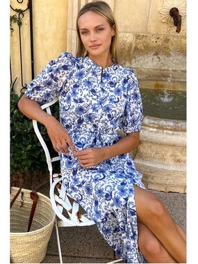 Emerson Fry India Collection Lucy Dress NWOT Blue Morning Flower Organic Cotton